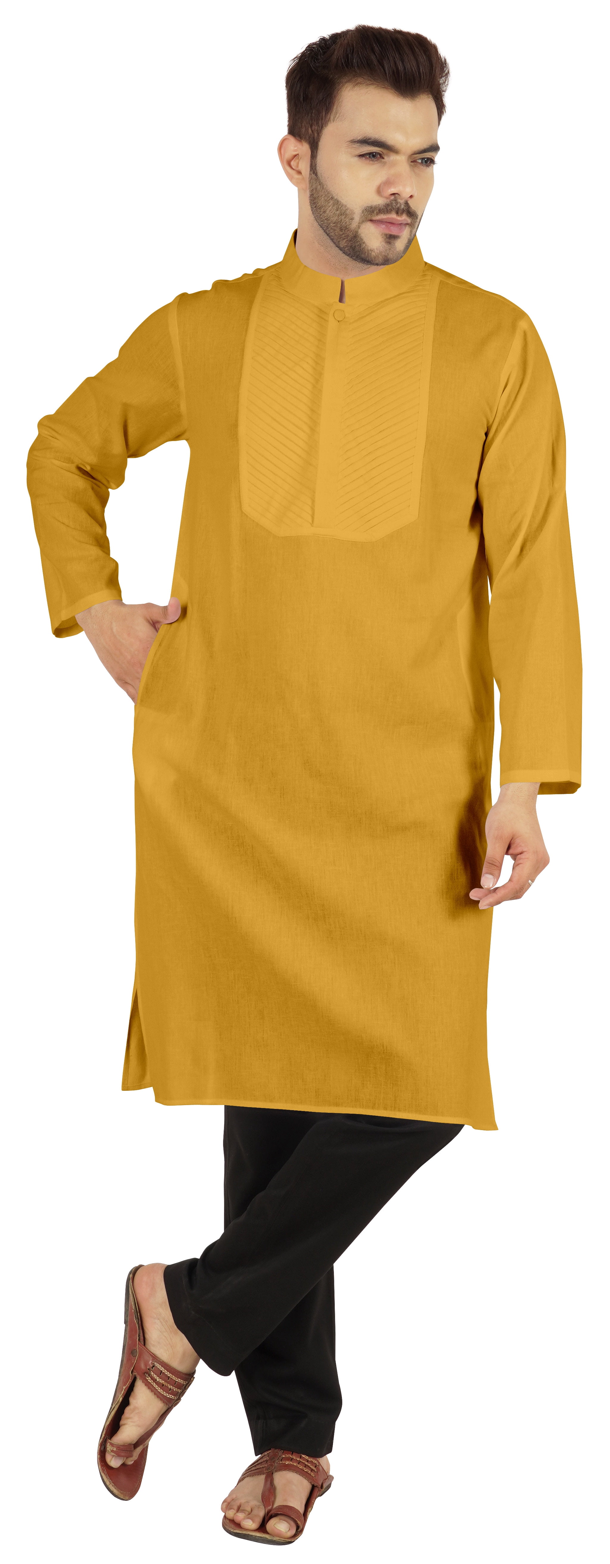 Atasi Indian Solid Kurta Pajama Set For MensMandarin Collar Casual Long-Wear Kurta