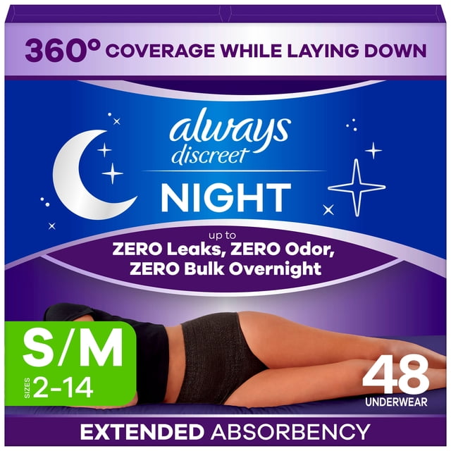 Always Discreet Night, Adult Diapers for Women, Overnight Incontinence Underwear S/M, 48 CT