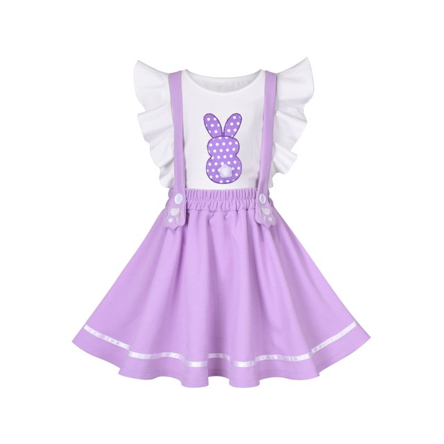 Girls Strap Skirt Set Purple White Dot Bunny Applique Ruffle Sleeve 4-5 Years