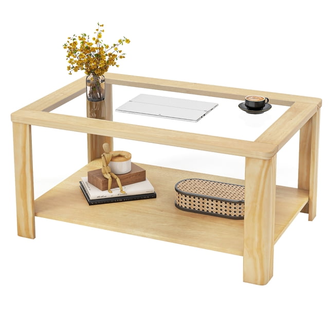Gymax 2-Tier Coffee Table with Tempered Glass Top and Solid Wood Legs, Natural