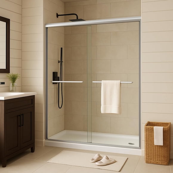 Double Sliding Glass Shower Door 44-48 Inch x 72 Inch, 6mm Clear Tempered Glass, Semi-Frameless Matte Black Glass Shower Door for Walk-in Bathroom Showers