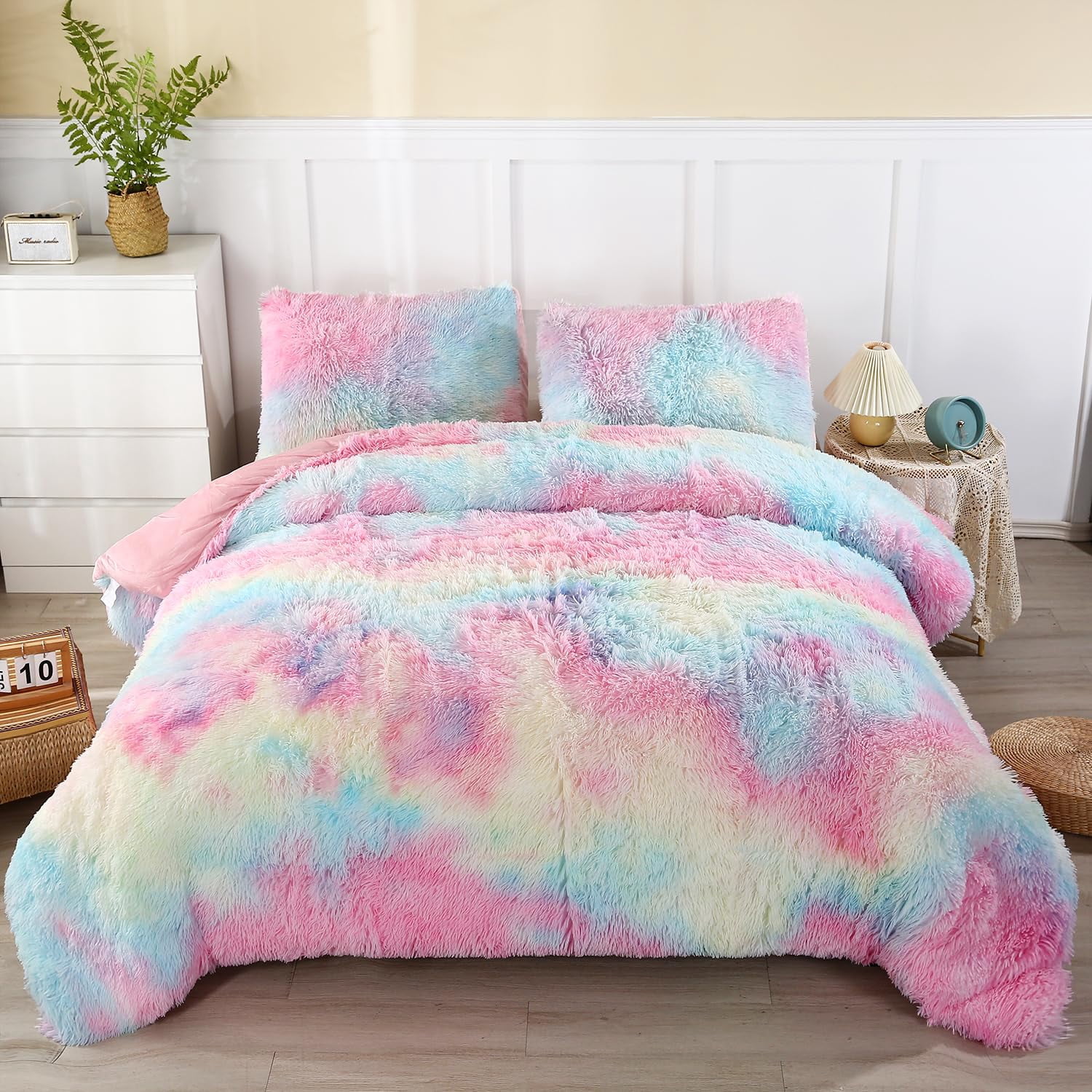 WINLIFE Faux Fur Comforter Set Twin Size for Girls Bedding Plush Shaggy Comforter Sets Gradient Ombre Tie Dye Bed Set Fuzzy Furry
