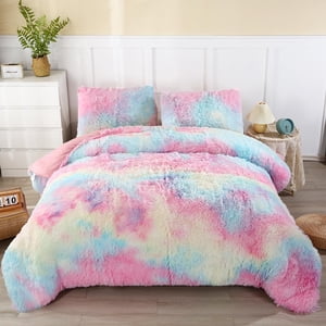 WINLIFE Faux Fur Comforter Set Twin Size for Girls Bedding Plush Shaggy Comforter Sets Gradient Ombre Tie Dye Bed Set Fuzzy Furry
