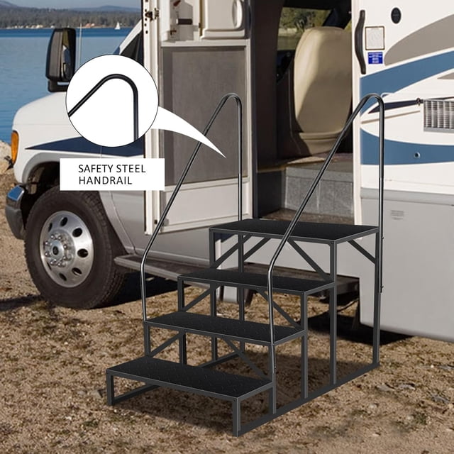 GloryStar RV Steps, RV Stairs with Handrail & Anti-Slip Panel, 660lb Capacity Hot Tub Steps, Portable Trailer Ladder for Mobile Home, Outdoor, Camping, Travel, Porch, SPA, Pool