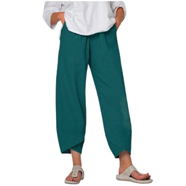 Timegard Womens Cotton Linen Pants Elastic High Waisted Lightweight Summer Casual Trousers with Pockets