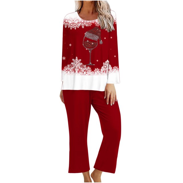 Pisexur Pyjamas de Noël pour Femmes Ensemble Deux Pièces Tendance Vacances Imprimé Verre de Vin Rouge Pjs Décontractés Manches Longues Col Rond Hauts Pantalons de Pyjama Vêtements de Nuit
