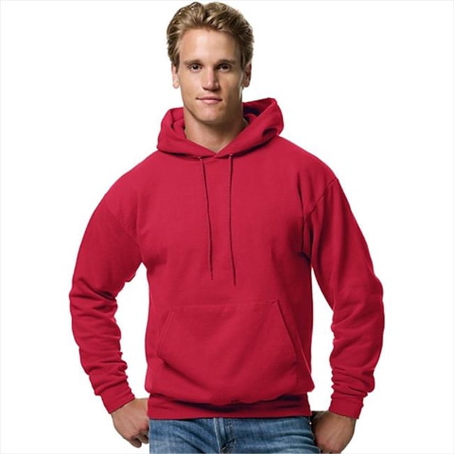 Hanes P170 Comfort Blend Ecosmart Pullover Hoodie Sweatshirt in deep red, size extra large. A men's hoodie made of medium-weight 7.8 oz fleece fabric, combining 50% cotton and 50% polyester, with up to 5% recycled polyester from plastic bottles. Features a roomy front pouch pocket, ribbed waistband and cuffs, and dyed-to-match drawcord. Durable and pill-resistant for everyday wear.