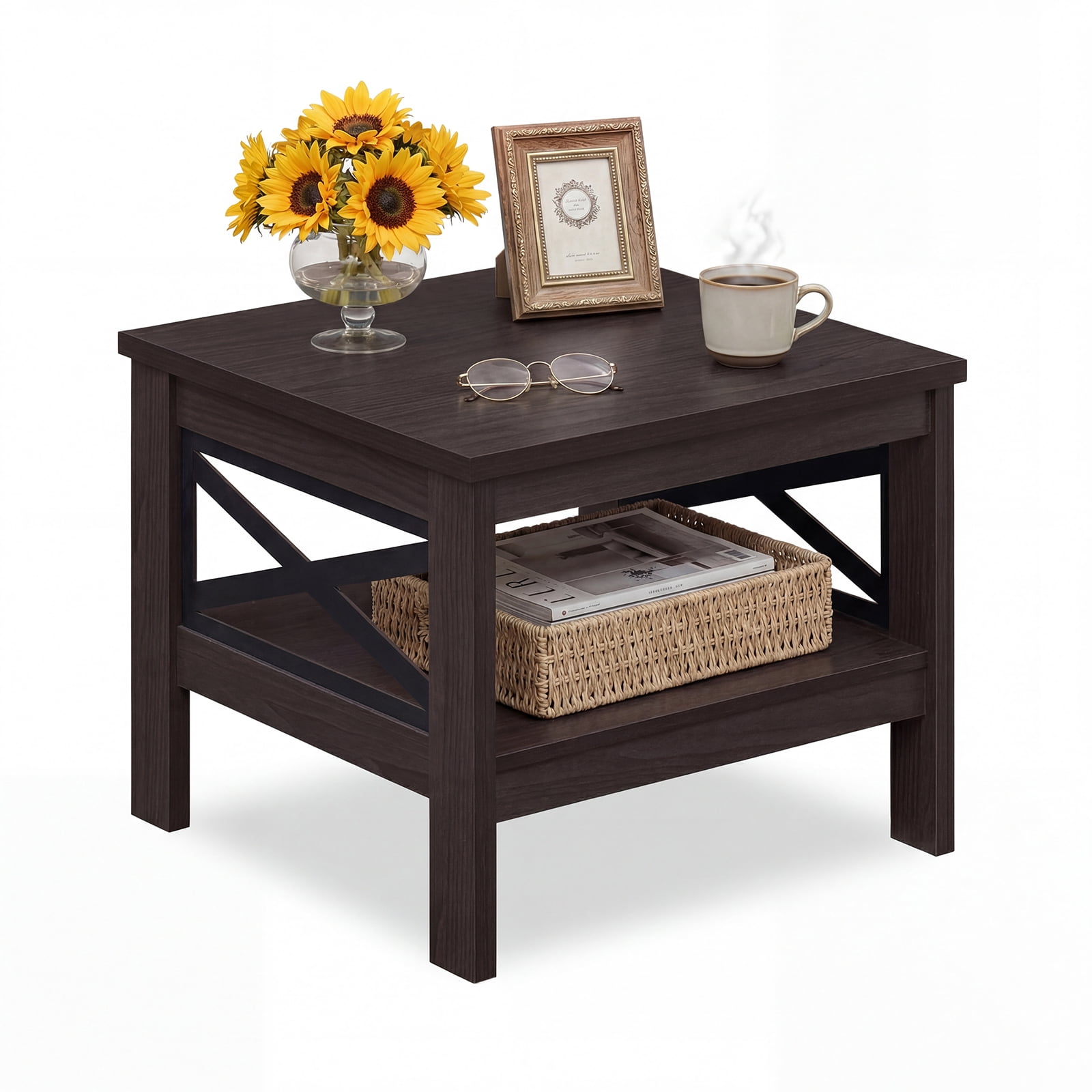 Costway 1 PCS 2-Tier End Table with Storage Shelf & X-Frame, 24” Farmhouse Nightstand for Bedroom Brown