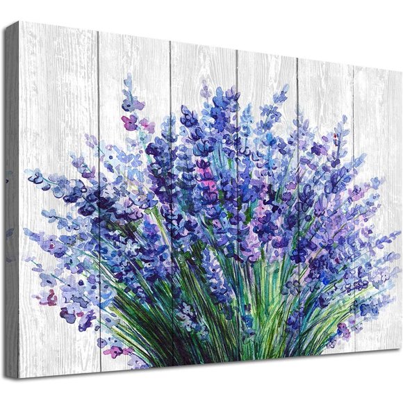 Art Mural Lavande Décoration de Salle de Bain Fleurs Bleues Image sur Toile Peinture Aquarelle Impressions sur Toile Décoration Murale de Chambre Art Moderne de Fleurs sur Toile pour Bureau Cuisine Décoration de la Maison 12 Pouces x 16 Pouces