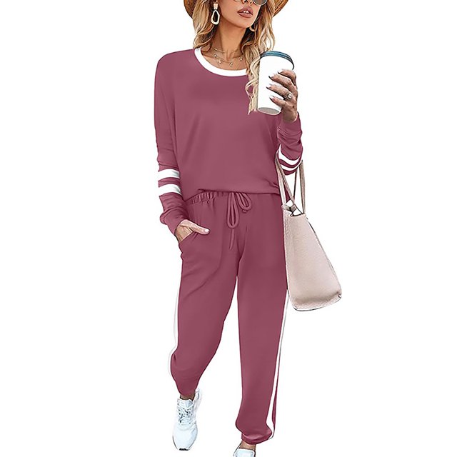 Innerwin Jogger Set Long Sleeve Ladies Sweatsuits Jogging Pullover Loungewear Two Piece Outfit Pink XXL