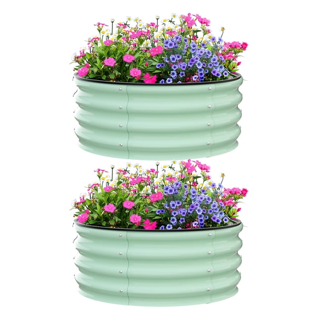 Raised Garden Bed with Safety Edging - Olive Green 2x2x1 ft - Rounded - Pack of 2 - Bottomless Galvanised Steel Planter Box for Plants, Vegetables and Flowers, Galvanized Metal Raised Garden Beds