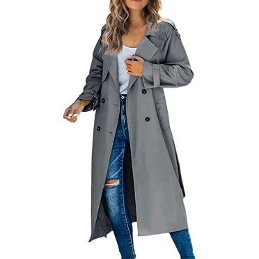 Baberdicy Lady Trench Coat Women's Trench Coat Long Double Breasted Fall Fashion 2023 Classic Lapel Slim Overcoat Outerwear with Belt Trenchcoat Women's Grey