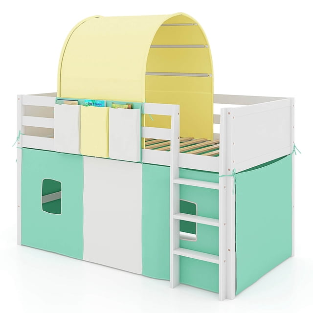 Costway Lit Mezzanine Double avec Tour et Tente en turquoise et Blanc, Conçu pour les Chambres d'Enfants. Comprend Trois Poches de Rangement pour Livres et Jouets, un Garde-Corps Robuste et une Échelle pour un Accès Sécuritaire. la Tente Ludique a des Fenêtres pour la ventilation et des Attaches pour un Retrait Facile. Fabriquée en Pin Massif, le Lit Supporte jusqu'à 400 Lb et Comprend 14 Lattes en Contreplaqué pour une Plateforme de Couchage durable. l'Espace sous le Lit Est Idéal pour le Rangement Ou le Jeu, Ce Qui en Fait une solution Gain de Place pour