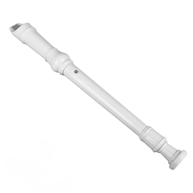 8 Hole Recorder, a lightweight and portable descant flauta recorder made of ABS material, shown in a white finish. Designed for kids and beginners, it features eight holes for versatile play as a flute or clarinet. The package includes the recorder, a cleaning bar, and instructions.