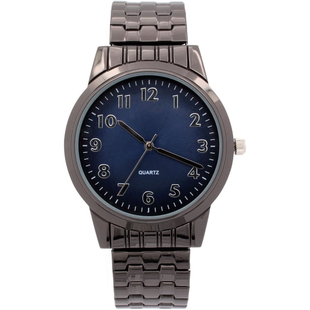 George Men's Gun metal Expansion Watch with a 35mm round stainless steel case and polished gun metal expansion band. It has a sunray gun metal dial with silver numeric markers and quartz accuracy movement. The 19mm wide expansion bracelet fits most men comfortably and is suitable for everyday or formal use.