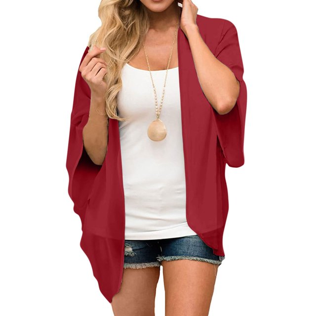 TIMIFIS Cardigan Kimono en Mousseline à Fleurs pour Femmes, Coupe Ample, Couvre-Maillot de Plage, Manches Mi-Longues, Hauts - Rouge - Sfall