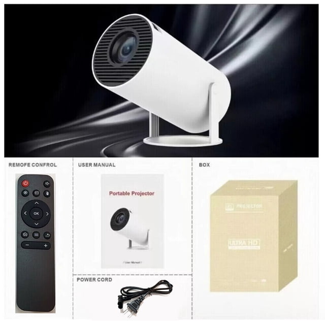 Nouveau Mini Projecteur 4K HY300 WiFi6 Android Bluetooth Cinéma Portable Cinéma Maison par Magcubic. l'Image Montre le Projecteur compact, Cylindrique Blanc au design Épuré, Monté sur un Support. les Accessoires Inclus Sont Affichés : une Télécommande avec Boutons de navigation, un Cordon d'Alimentation avec une Prise USA, un Manuel d'Utilisateur en Anglais, et la Boîte d'Emballage du Produit Étiquetée « Ultra HD ». le Projecteur Prend en Charge Android 11 OS, WiFi6, Bluetooth 5.0, et Offre une Correction Automatique