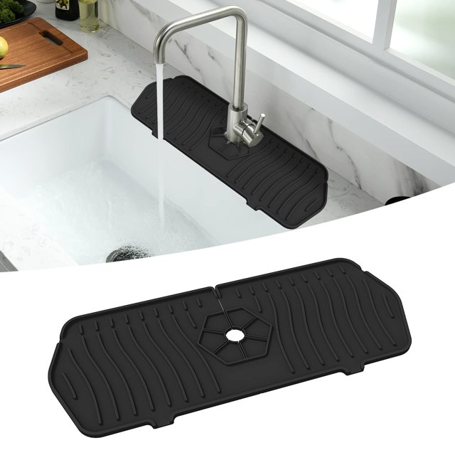 Splash Guard for Kitchen Sink, Silicone Faucet Guard Mat Drain Drying Pad, Sink Faucet Splash Catcher, Splash Guard Mat for Kitchen, Bathroom, Bar, Farmhouse, RV (Black)