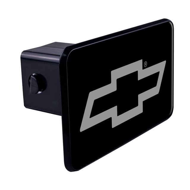 Chevy Bowtie Silver 3D Polyurethane Domed Plastic Trailer Hitch Cover for 2-inch receivers. Features a corrosion-resistant, high-impact ABS construction with a premium fade-resistant silver Chevy Bowtie logo on a black background. Designed for cars, trucks, and SUVs.