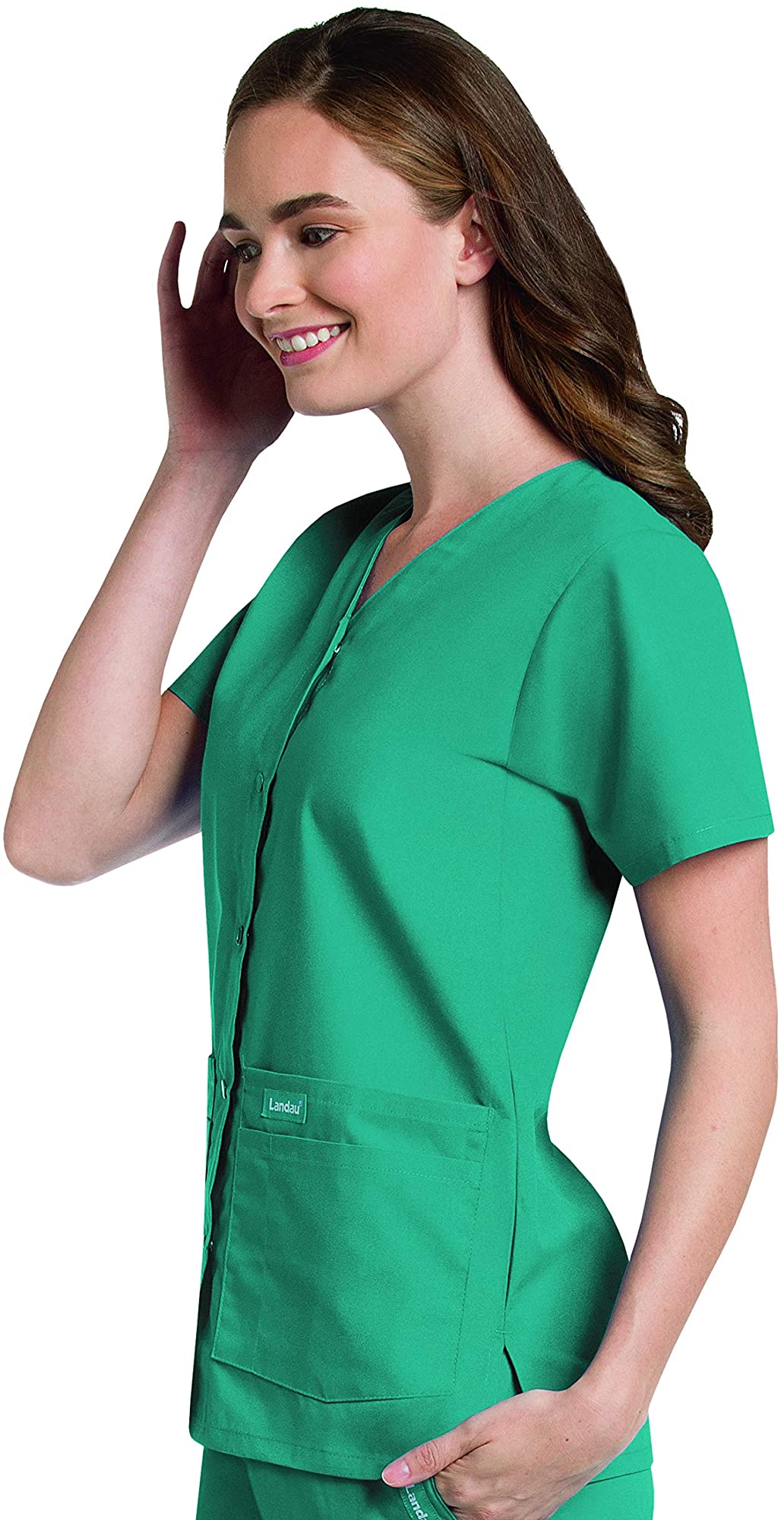 Landau Essentials Women's Snap Front Scrub Top, Classic Relaxed Fit, V-Neck, 4 Pockets
