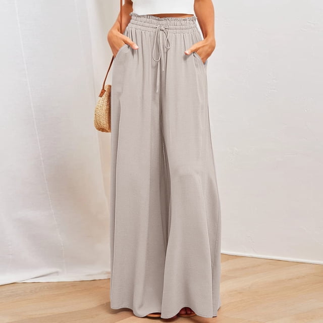 Jsaierl Womens Casual Wide Leg Pants Ruffle Elastic Drawstring Palazzo Pants Loose Comfy Trousers with Pockets