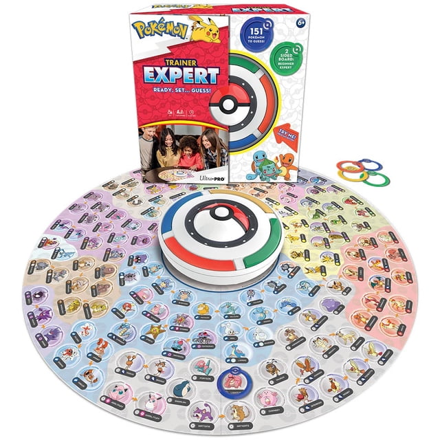 Ultra PRO Pokemon Trainer Expert board game featuring a circular board with 151 Pokémon images arranged in color-coded sections, a central electronic Game Master with red, green, blue, and white segments, four colored tokens, and the game box showing Pikachu and starter Pokémon artwork.