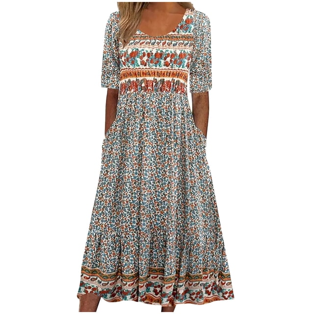 FAVIPT Robe d'Été pour Femme à Manches Courtes, Col Rond, Robes à Imprimé Floral, Robes de Plage Décontractées Mode Été 2025 avec Poches en Vert, Taille M. Cette Robe de Style Bohème Présente un Imprimé Floral vibrant, des Manches Courtes, un Corsage Smocké pour l'Étirement et une silhouette Évasée Fluide avec Volants à Étages. Elle Comprend des Poches Latérales Fonctionnelles et un design Taille Haute, Idéale pour les occasions Décontractées Ou Formelles comme les Sorties à la Plage, les Mariages Ou les festivals. Fabriquée en Mélange Léger de polyester et d'Élasthanne, Elle Assure un Confort Respirant pour