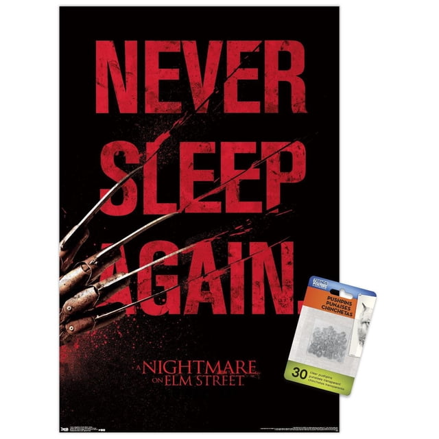 Un Cauchemar sur Elm Street - Affiche Murale de Sommeil, 22,375 Pouces x 34 Pouces Encadrée avec un Fond Noir et un Texte Rouge Usé Lisant « Ne Jamais Dormir de Nouveau » Frappé par le Gant Griffe en Métal de Freddy Krueger, Présentant le Titre du Film en Rouge au Bas; Comprend 30 Punaises Transparentes Idéales pour une Suspension Facile dans la Déco de la Maison.