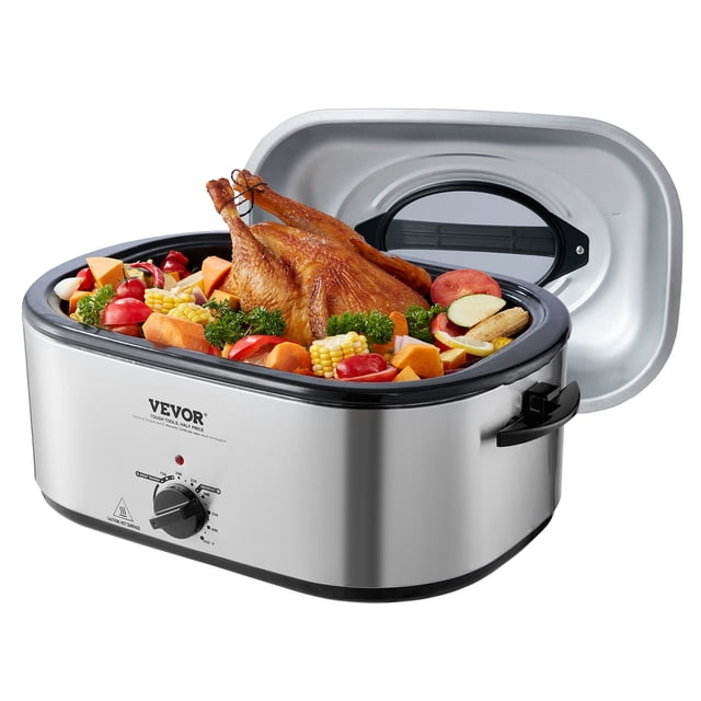 VEVOR Rôtissoire Électrique de 24 QT avec Couvercle Auto-Arroseur et Poêle Amovible, Dotée d'Un Boîtier en Acier Inoxydable Argenté. le Four Est Montré avec une Dinde Rôtie Entourée de Légumes, Mettant en Valeur Sa Polyvalence pour une Cuisson Lente, la Cuisson au Four et la Rôtisserie. Comprend un Couvercle en Verre Trempé pour une observation Facile et un Bouton de Commande pour un Réglage Précis de la Température.