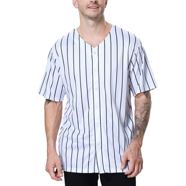 TOPTIE Pinstripe Baseball Jersey for Men & Boys, Button-Down Sportswear Shirt, White Black, YM 10/12