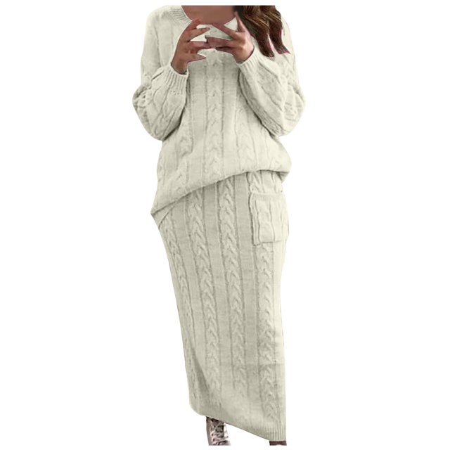 Yuyuzo Ensembles de Chandails pour Femmes Col Ras du Cou Manches Longues Chandails à Enfiler avec Jupes Longues Tricot Torsadé Ensembles 2 Pcs