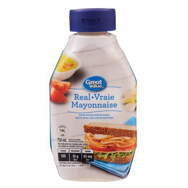 Great Value Real Mayonnaise 750 ml squeeze bottle with blue cap, made with whole eggs and free from artificial flavours and colours, ideal as a creamy condiment and sandwich spread for deli-style recipes.