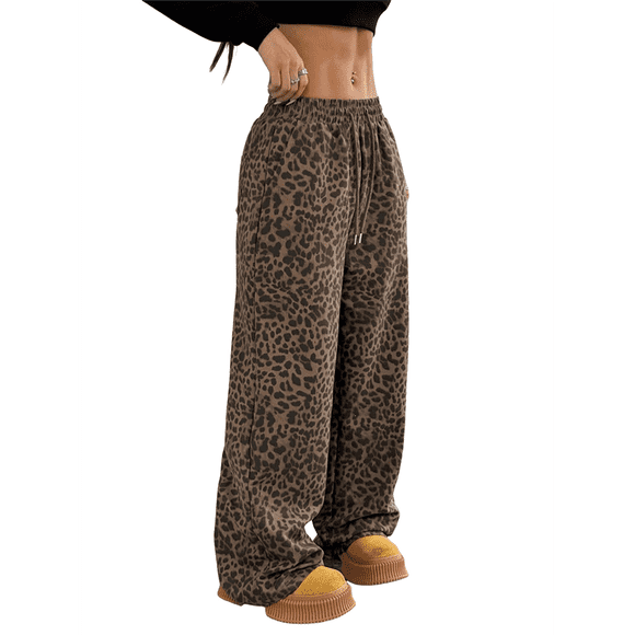 Women's Plaid Leopard Print Straight Leg Pants Elastic Waist Y2K Trousers Bottoms with Pockets Deep Leopard M