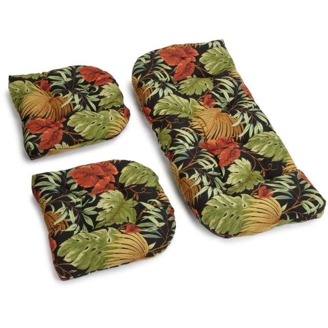 Ensemble de Coussins Capitonnés pour Causeuse en Polyester Filé en Forme de U (Ensemble de 3) Présentant un Motif vibrant de Corbeau tropical avec des Feuilles et des Fleurs Tropicales dans des Tons Vert, orange et Jaune sur un Fond Noir. l'Ensemble Comprend Deux Coussins de Chaise en Forme de U Mesurant 19 x 19 x 5 Pouces et un Coussin d'Amour Mesurant 42 x 19 x 5 Pouces. Fabriqués en Polyester Filé 100 %, Ces Coussins Sont Conçus pour une Utilisation Extérieure et Ajoutent une Touche Stylée aux Meubles de patio.