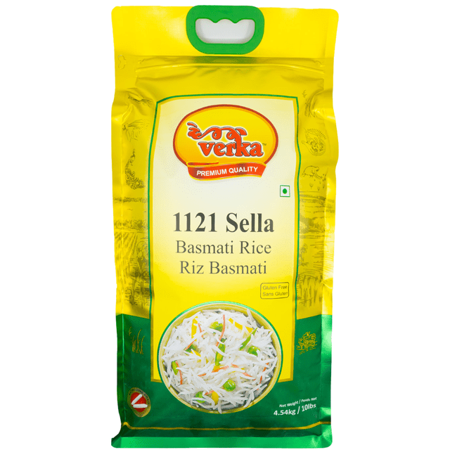 Verka 1121 Sella Basmati Rice 10lbs bag with yellow and green packaging featuring the Verka logo, gluten-free label, and an image of cooked fluffy basmati rice with vegetables, suitable for biryanis, pilafs, and other Indian dishes.