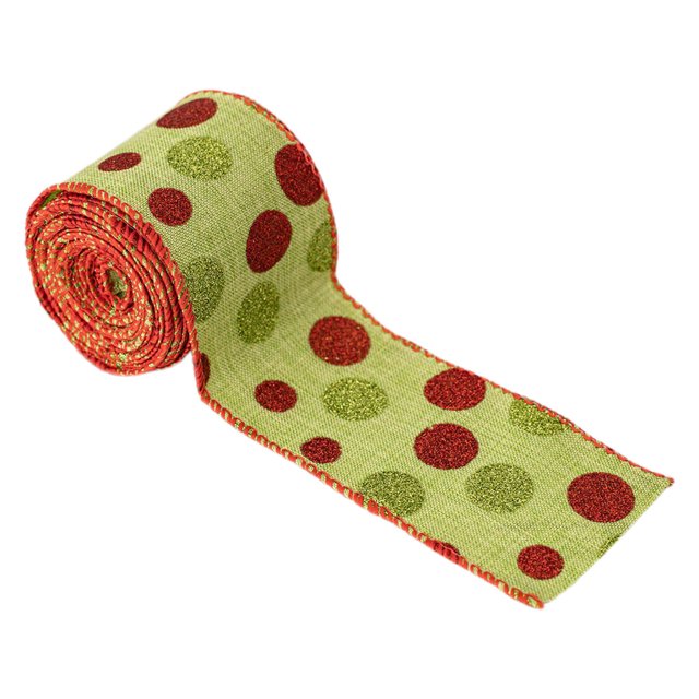 TopLLC Christmas Ribbon Wired 5 Yards 2.5 inch Red and Green Polka Dots Burlap Wired Edge Ribbon, Glitter Christmas Tree Decorative Ribbon Christmas Decorations for Gift Wrapping Craft Bows Wreaths