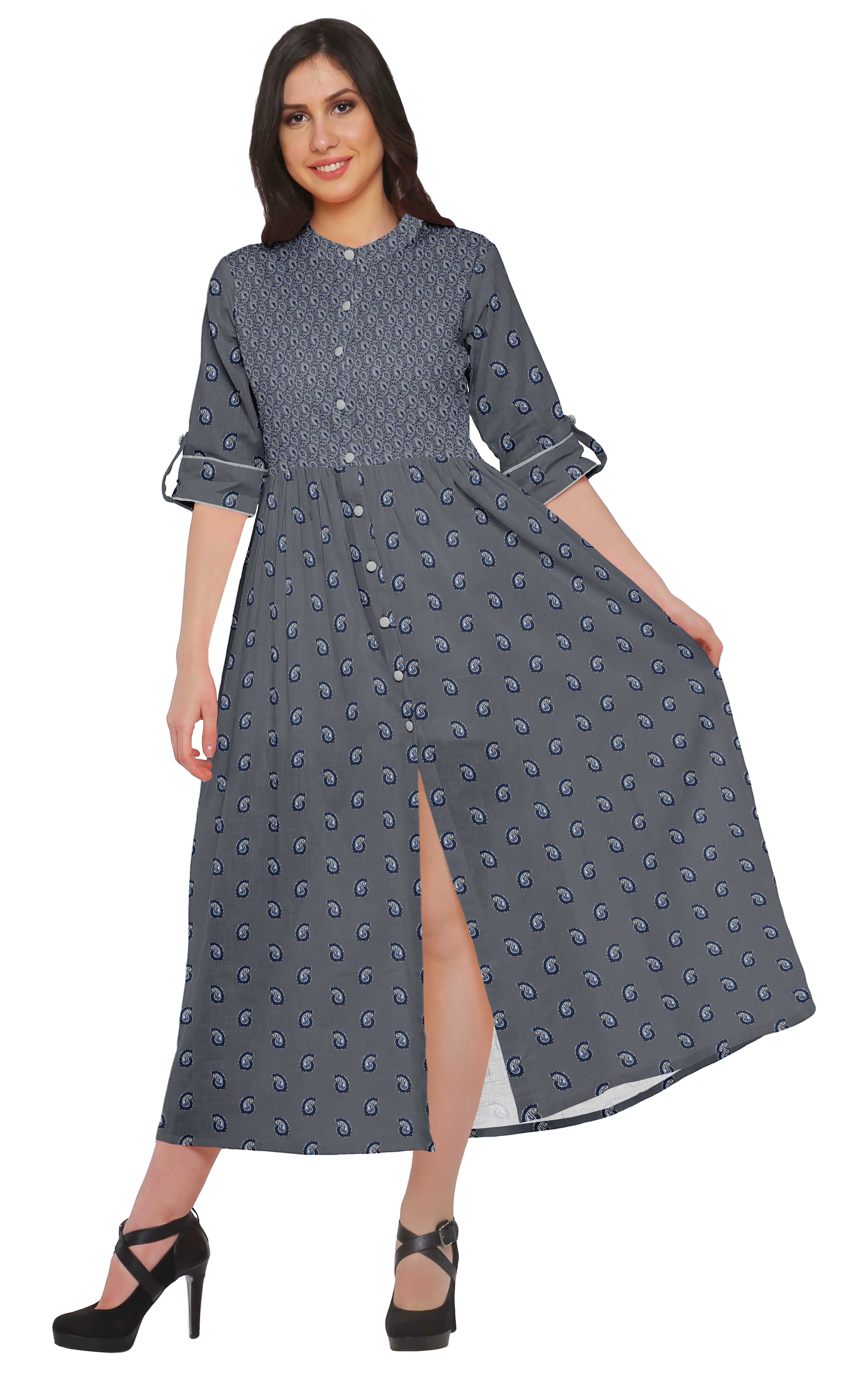 Moomaya Printed Kurta Summer Wear Ladies Kurti Front Slit Tunic Tops Women