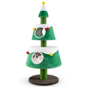 Gymax Arbre de chat de Noël pour les chats d'intérieur 2 Condos Sisal Scratching Posts Spring Toy