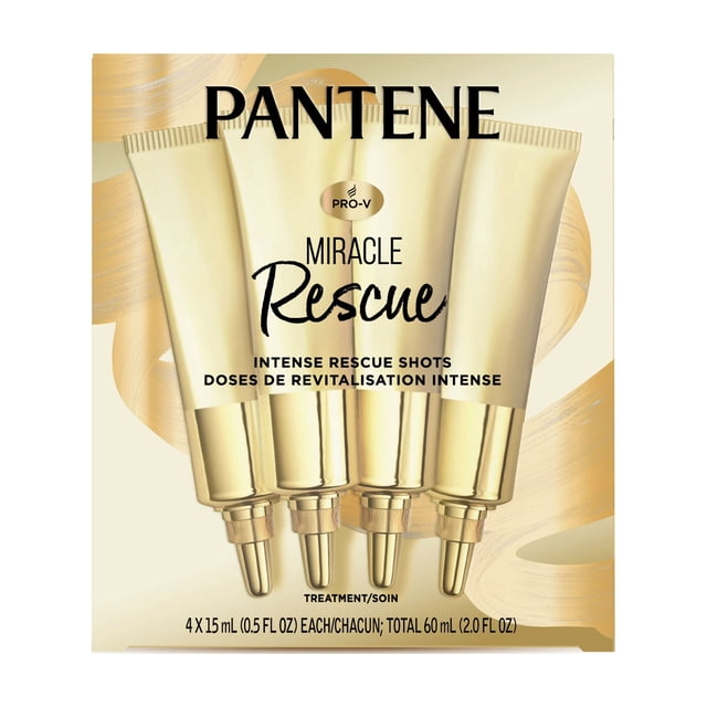Pantene Miracle Intense Rescue Shots Dry Hair Treatment with four gold ampoules containing 15 mL (0.5 fl oz) each, totaling 60 mL (2.0 fl oz), displayed on a beige background with hair strand graphics, designed to deeply repair dry, damaged hair and split ends while restoring moisture and strength.