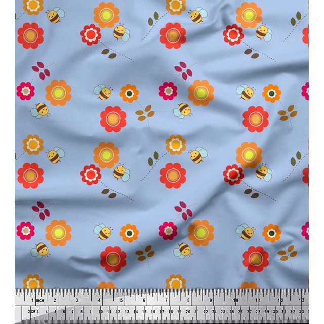 Soimoi Poly Georgette Fabric Floral & Honey Bee Kids Fabric Prints by Yard 52 Inch Wide