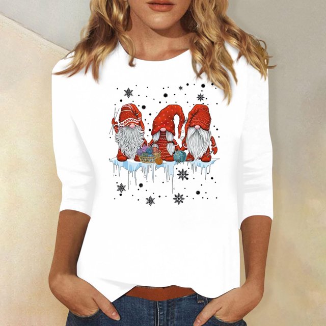 Meichang Hauts de Noël pour Femmes Manches 3/4 Col Rond Gnomes Graphiques T-Shirts Blouse Décontractée de Vacances en Solde Cadeaux de Noël