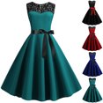 thumbnail image 1 of Jovati Robe Sans Manches à Col Rond pour Femmes, Design Rétro à Panneaux de Dentelle, Couleur Unie, Ceinture à Taille Cintrée, Silhouette Trapèze, Tissu en Polyester, 1 of 8