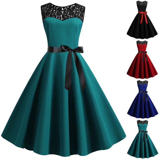 Jovati Robe Sans Manches à Col Rond pour Femmes, Design Rétro à Panneaux de Dentelle, Couleur Unie, Ceinture à Taille Cintrée, Silhouette Trapèze, Tissu en Polyester