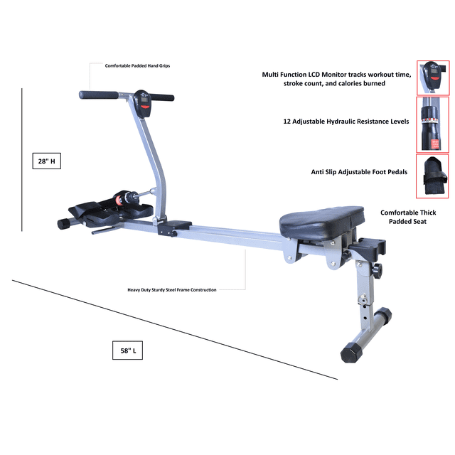 X Factor Regatta Machine à Ramper 5.0 Pro Rower à Bascule avec un Cadre en Acier Gris durable, 12 Niveaux de Résistance Hydraulique Ajustables et un Siège Épais Rembourré pour le Confort. Comprend des Pédales Antidérapantes et Ajustables et un Moniteur LCD Multifonction Affichant des Métriques d'Entraînement comme le Temps, le Nombre de Coups, les calories Brûlées et le scan. Idéal pour les Entraînements à Faible Impact à la Maison, Supporte jusqu'à 240 Lb.