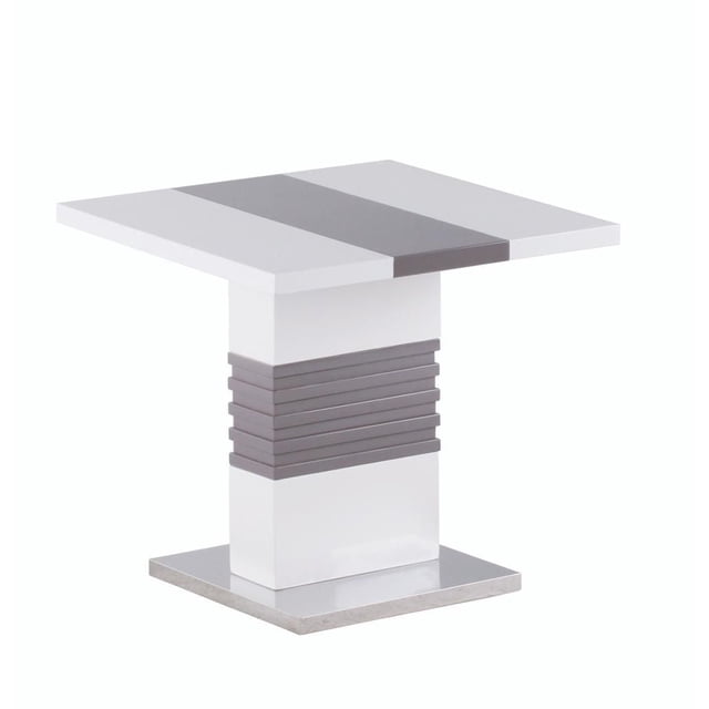 Canadian Maxwell White and Wenge End Table with a square high gloss white top featuring a central wenge stripe, a white pedestal leg accented by horizontal wenge bands, and a shiny stainless-steel base plate, ideal for living room side or accent table use.