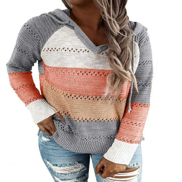 Chandail à Capuche Creux Tricoté pour Femmes, Manches Longues, Grande Taille