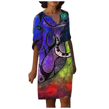 Fridja Womens Casual V-neck Abstract Print Loose Mid-sleeve Dress