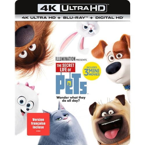 The Secret Life Of Pets (4K Ultra HD + Blu-ray + Digital HD) (Bilingual) movie cover featuring animated characters including a terrier, a rabbit, a pug, and a cat. The cover highlights 'Includes 3 Mini Movies' and 'Version française incluse' text, with branding for 4K Ultra HD, Blu-ray, and Digital HD.