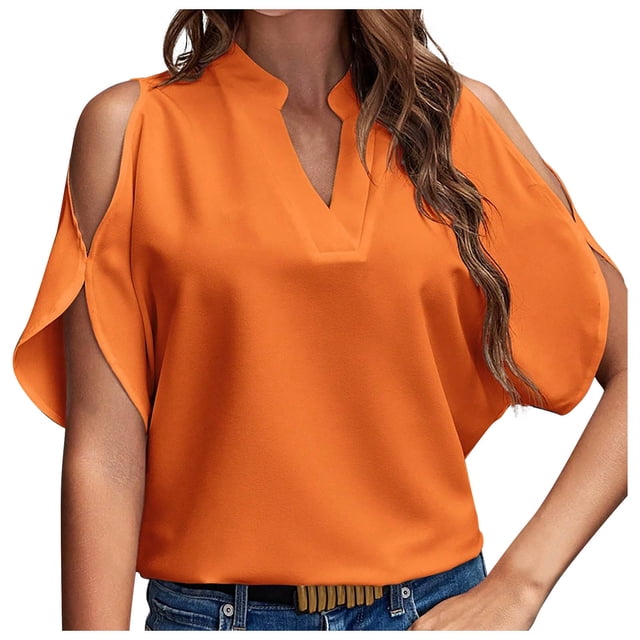 FAIWAD Summer Tops for Women Off The Shoulder V Neck Shirts Solid Color Going Out Blouses