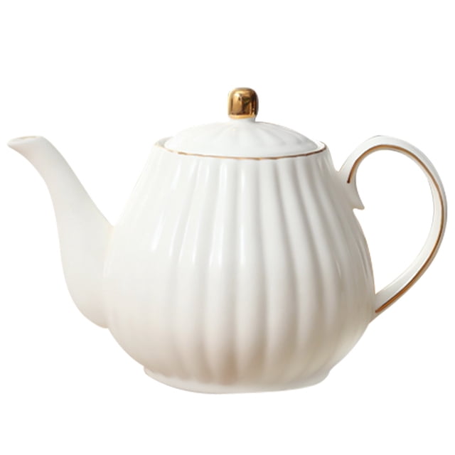 Ceramic Teapot Edges Tea Pot Ceramic Coffee Pot Milk Dispenser for Home in white. This teapot features a ribbed design with a glossy finish, a curved spout, and a sturdy handle. The lid is adorned with a gold-tone knob, adding an elegant touch. Made of premium ceramic, it measures 22.50 x 15.50 x 12.00 cm and is suitable for serving tea or coffee. Its exquisite appearance makes it a functional and decorative piece for any table setting.